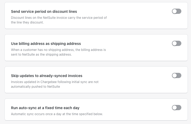 NetSuite Advanced Sync Rules toggles for discount service periods, billing-address fallback, skipping invoice updates, and a fixed daily sync time