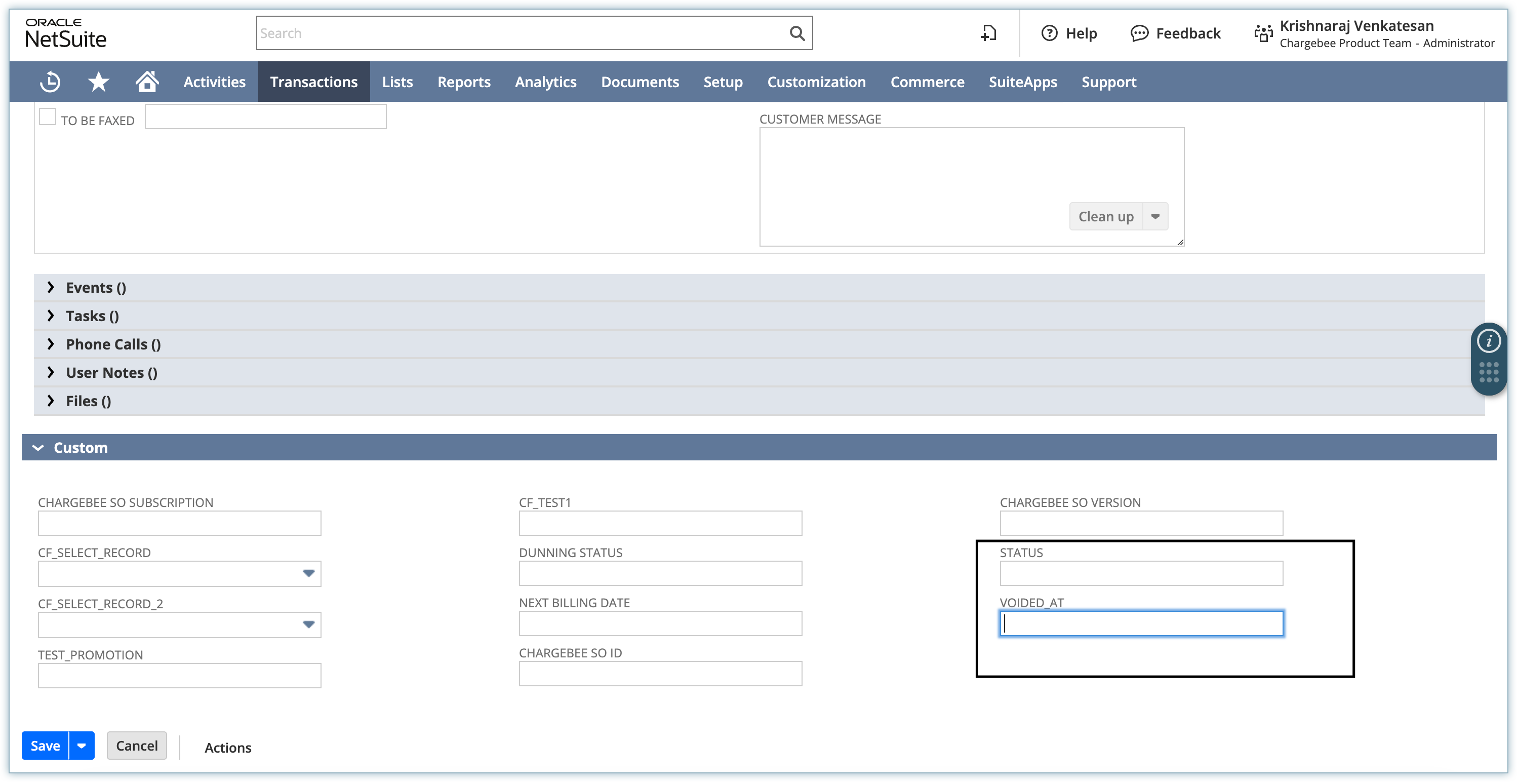 NetSuite Credit Memo custom fields for status and voided date