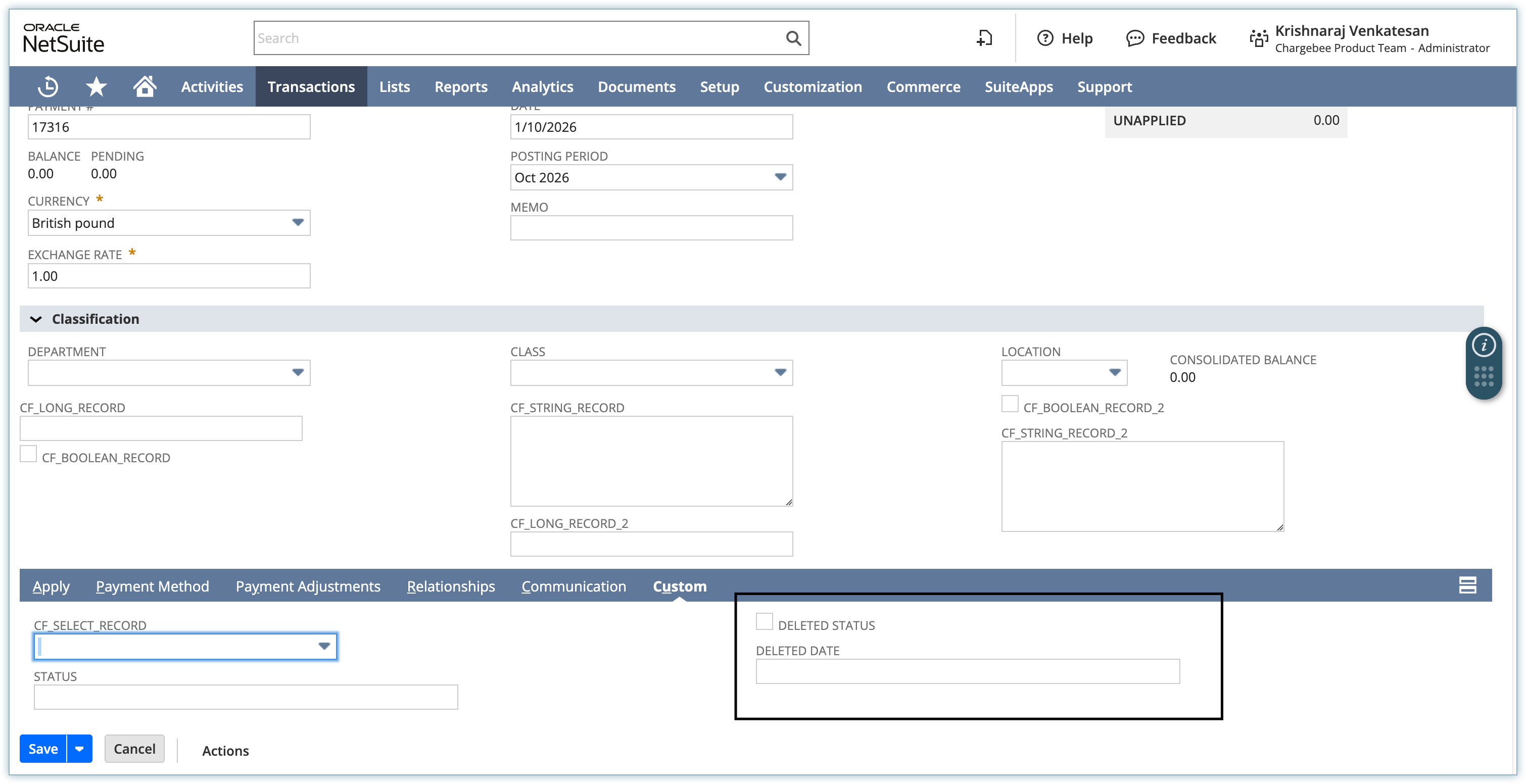 NetSuite Customer Payment custom fields for deleted status and deleted date