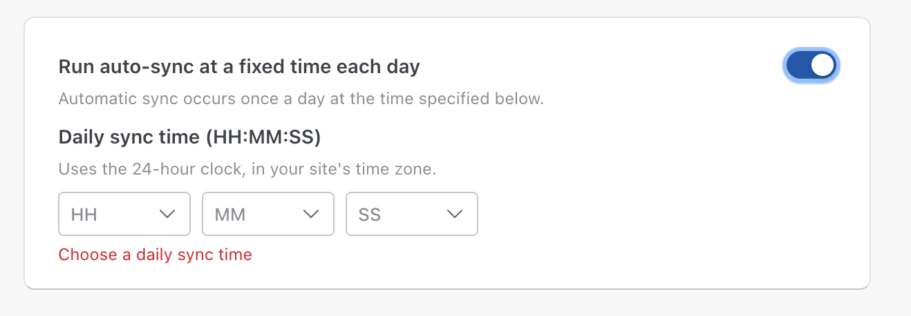 Fixed daily NetSuite sync time with hour, minute, and second selectors