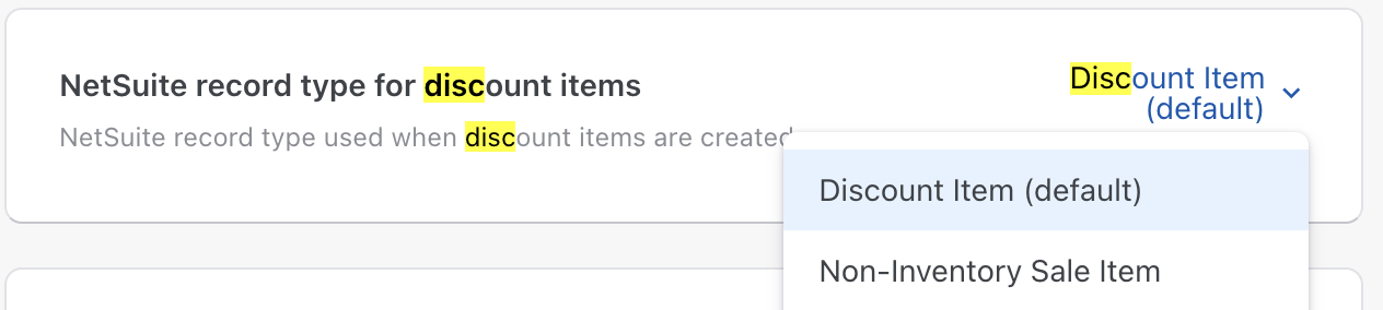 NetSuite record type for discount items dropdown with Discount Item and Non-Inventory Sale Item