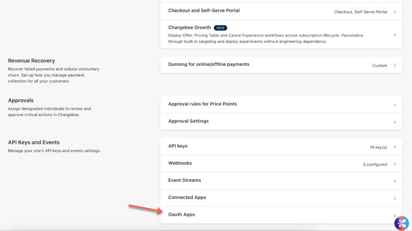 API Keys and Events on Configure Chargebee, with Oauth Apps indicated
