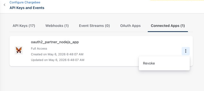 Connected Apps tab with Revoke selected in the more options menu
