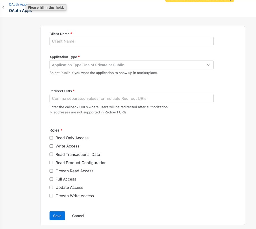 Create OAuth App form with Client Name, Application Type, Redirect URIs, and Roles fields