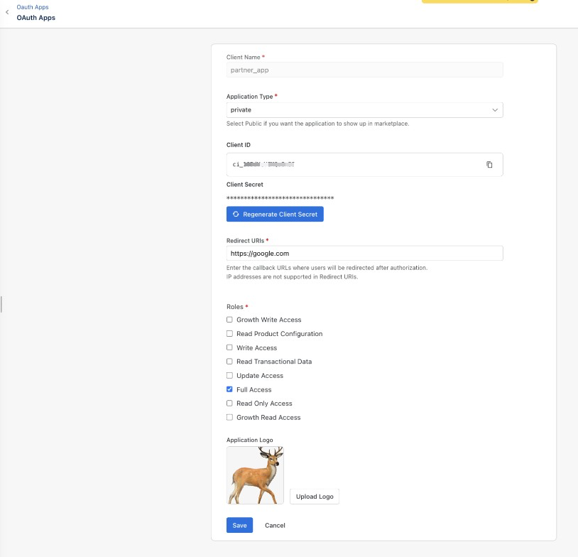 Edit OAuth App page with Client ID, Client Secret, Redirect URIs, Roles, and Application Logo