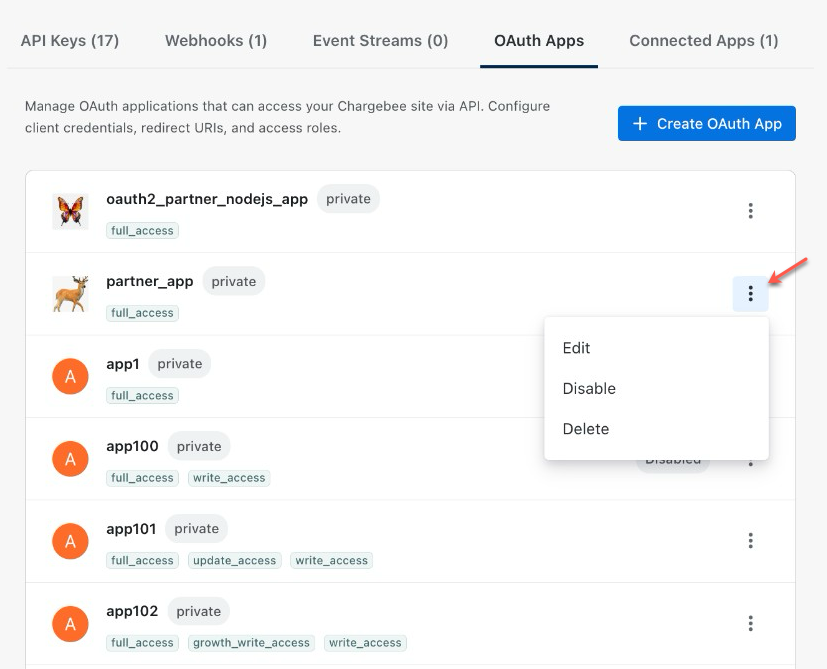 OAuth Apps list with the more options menu open on an app, showing Edit, Disable, and Delete