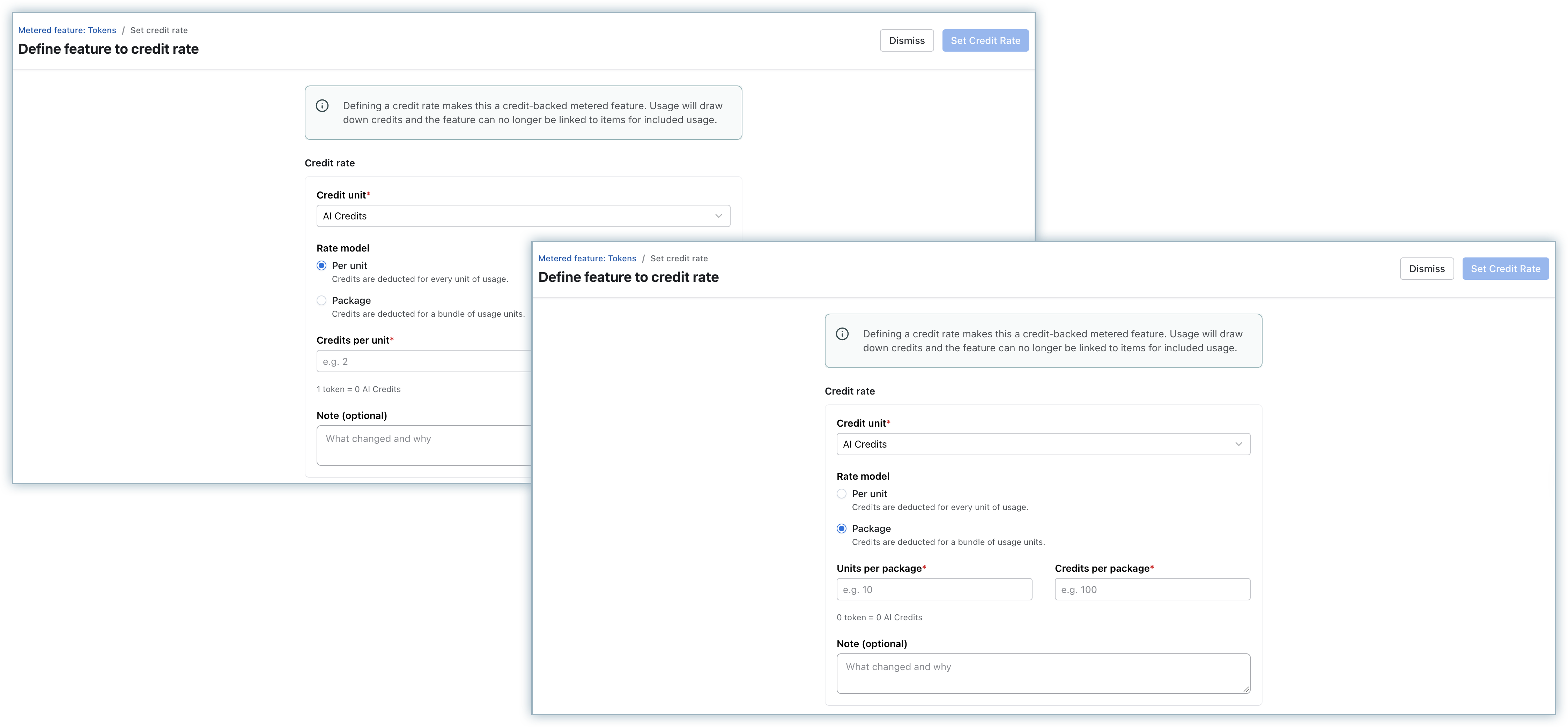 Define feature to credit rate page showing Per unit and Package rate models