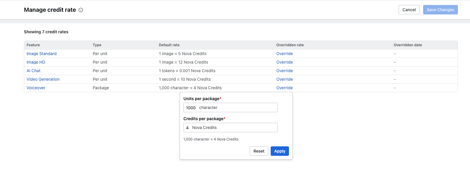Manage credit rate dialog with an Override control and Apply button