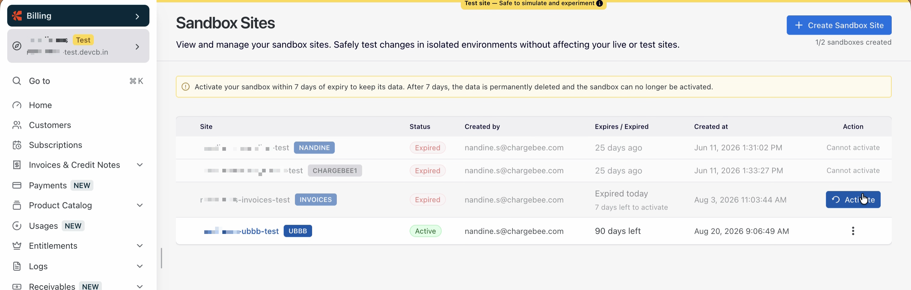 Clicking the activate button on an expired sandbox site