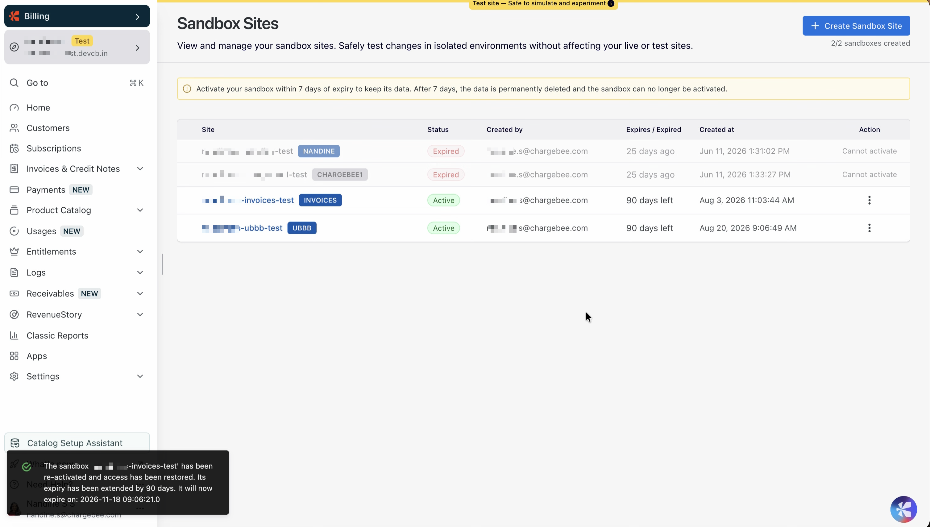 Success message showing the sandbox has been re-activated for 90 days