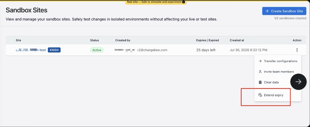 Sandbox Sites table with the Action menu open and Extend expiry highlighted