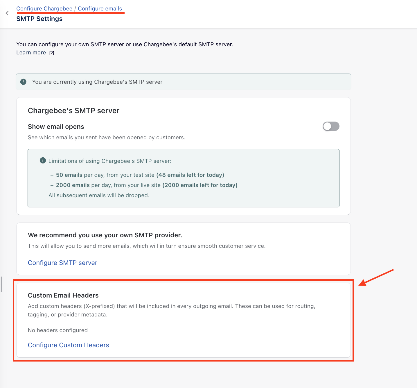 Custom SMTP Headers section in Email Notification settings
