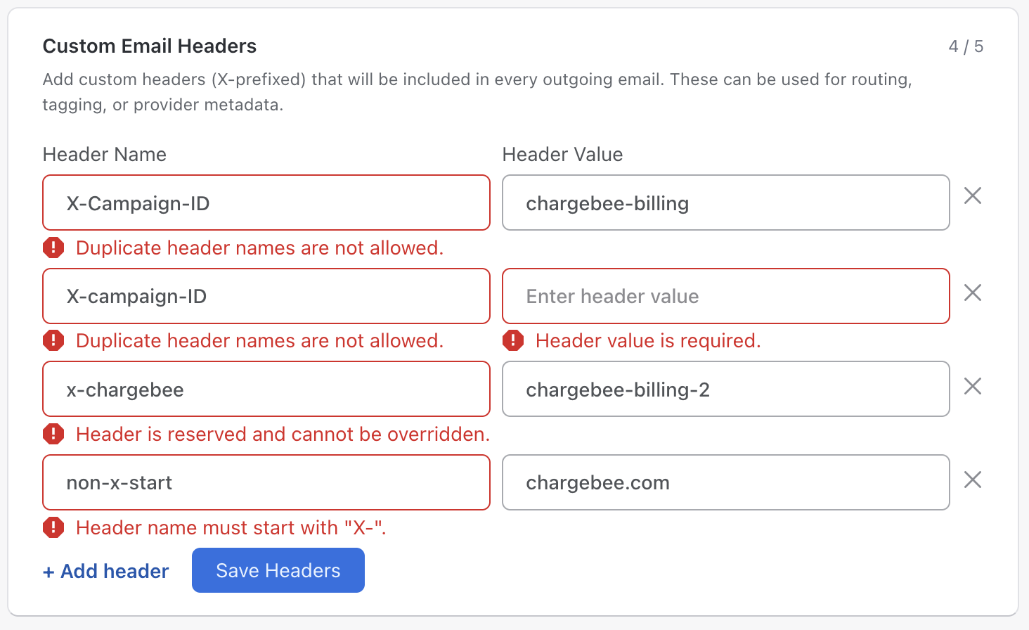 Inline validation error displayed below the header field