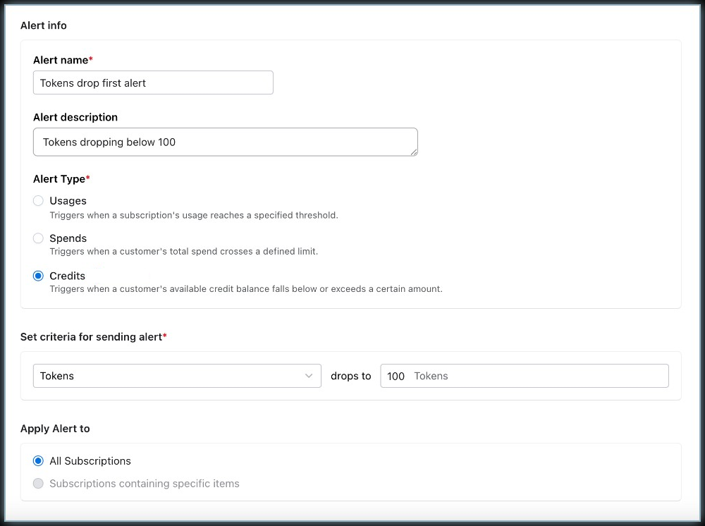 Create alert form with Credits selected, a credit unit, and a balance that the alert drops to