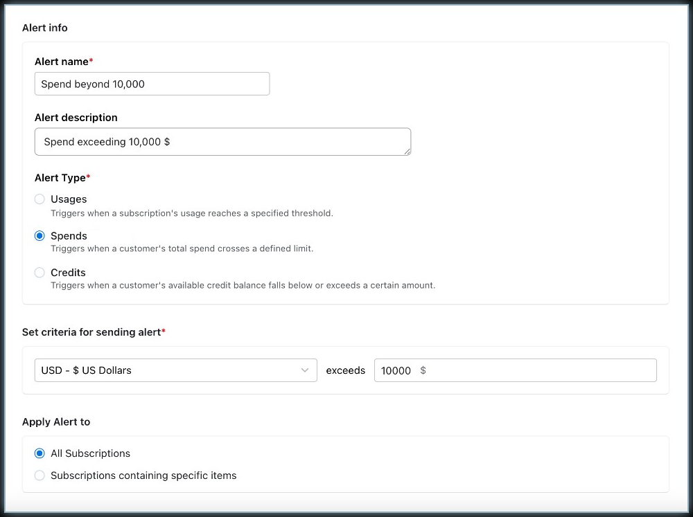 Create alert form with Spends selected, a currency, and a spend amount
