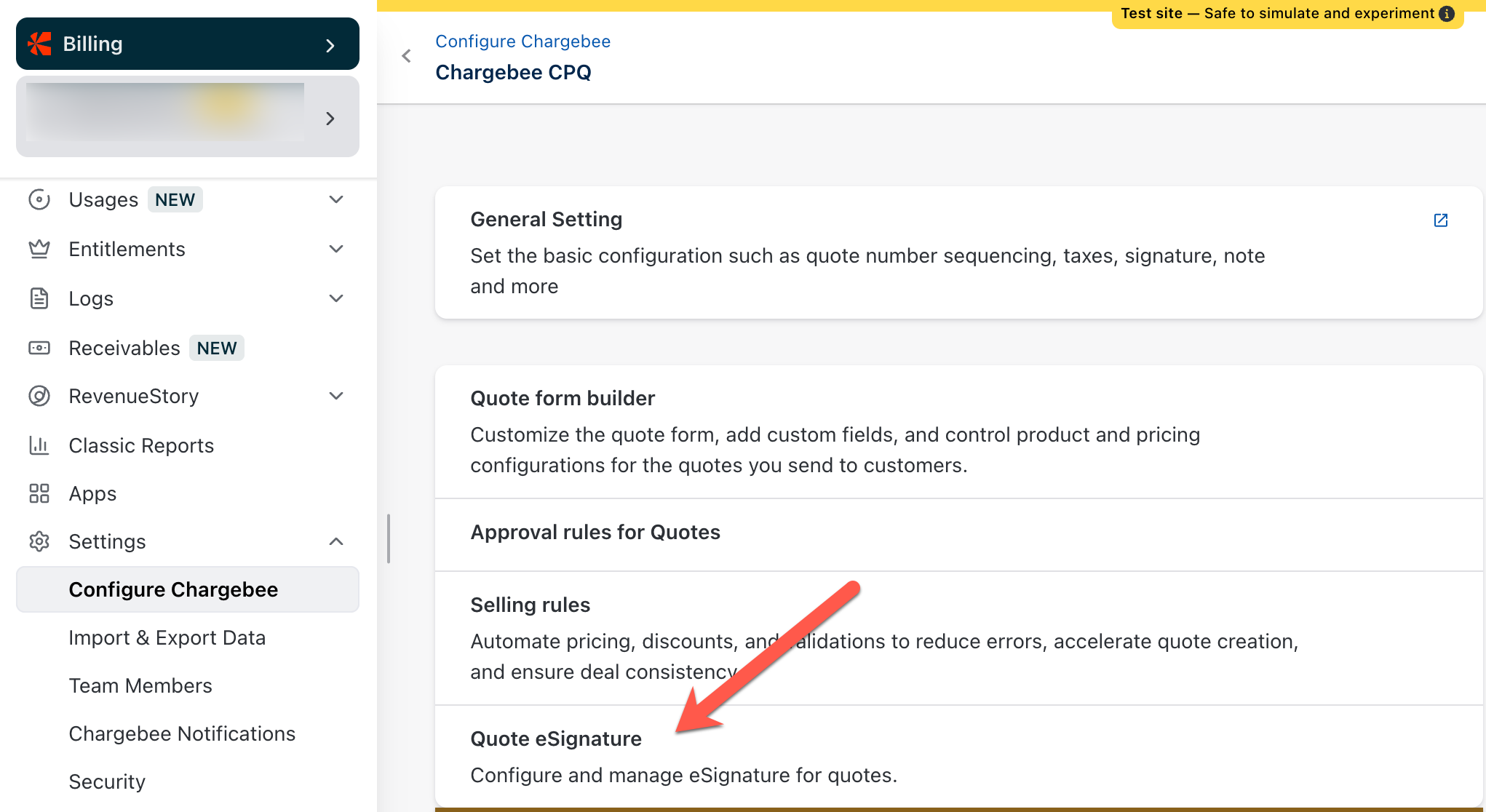 Settings > Configure Chargebee with eSignature highlighted
