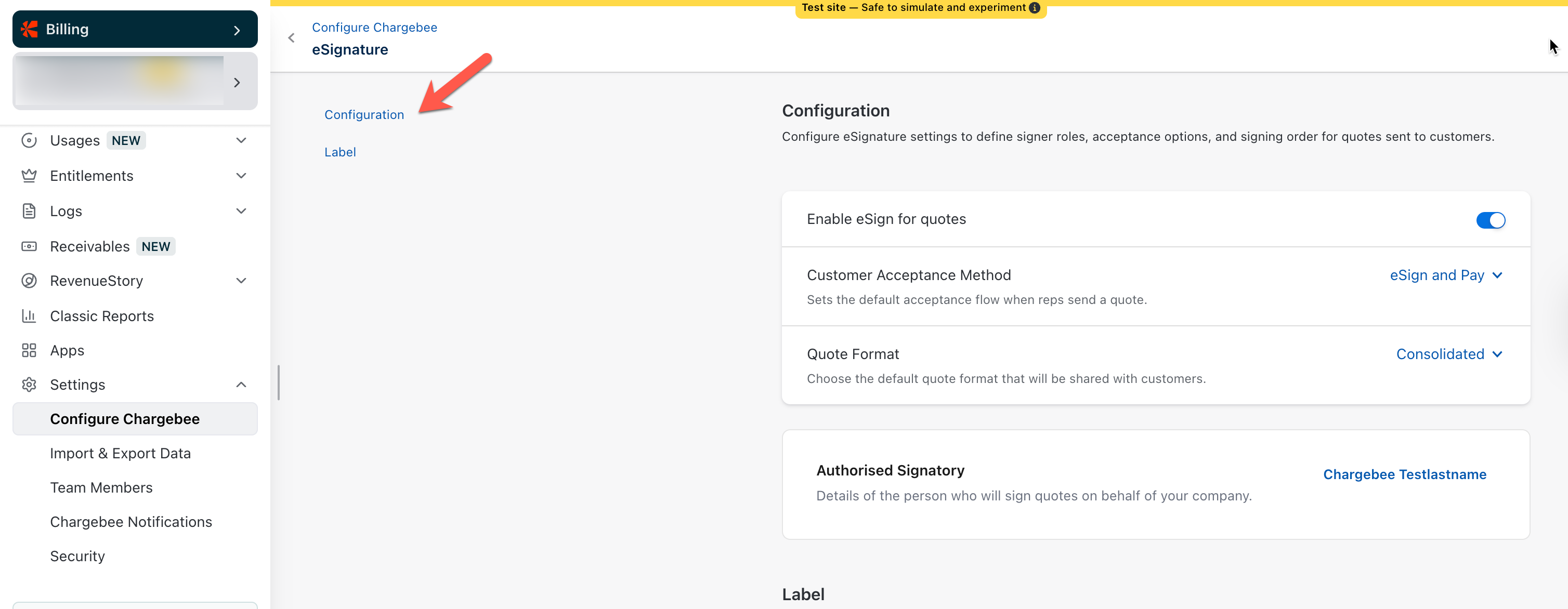 eSignature settings page showing the Configuration and Label sections