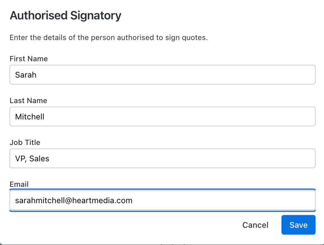 Enable eSign for quotes toggle turned on