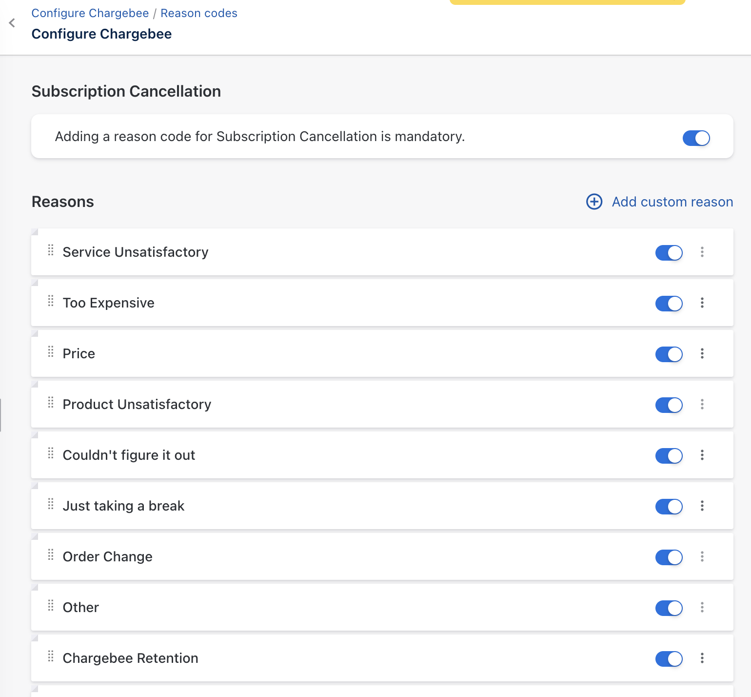 Subscription Cancellation reason codes in Chargebee Billing, including an enabled Chargebee Retention code