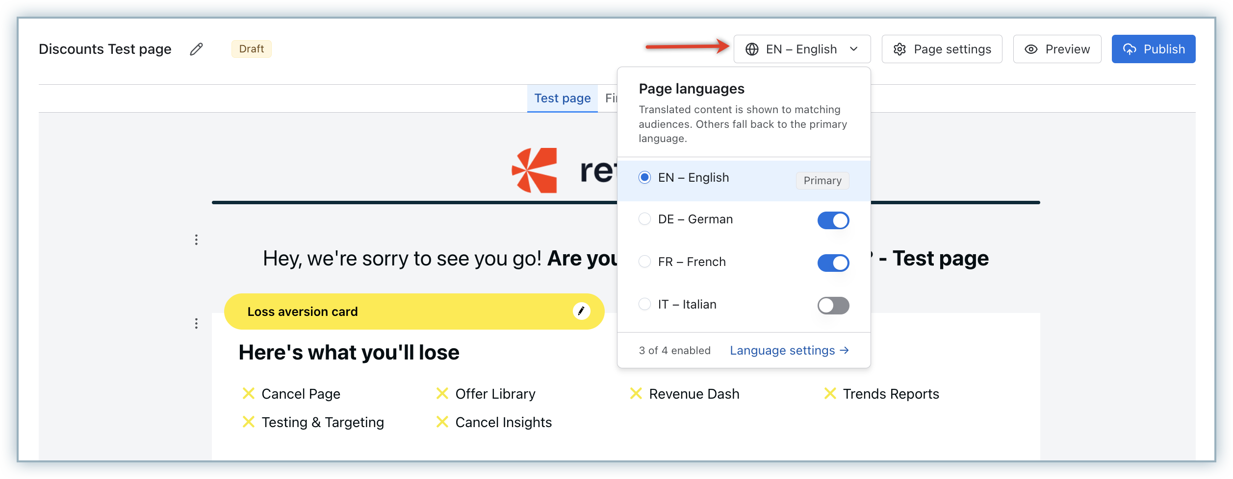 Cancel page editor language switcher in Chargebee Growth