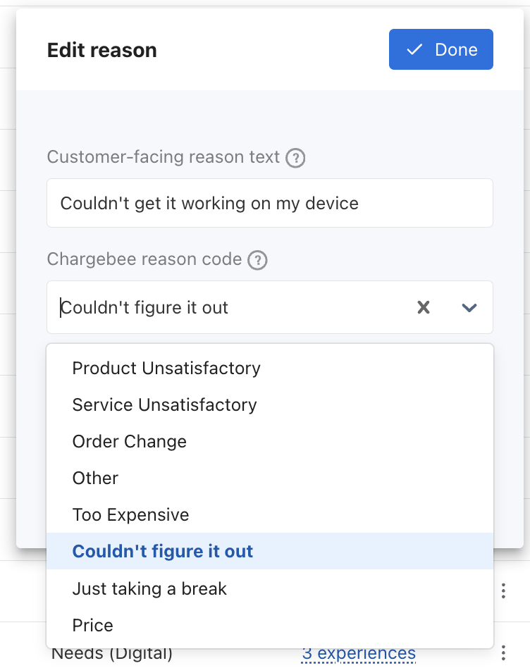 Edit reason panel in Chargebee Growth with the Chargebee reason code list open