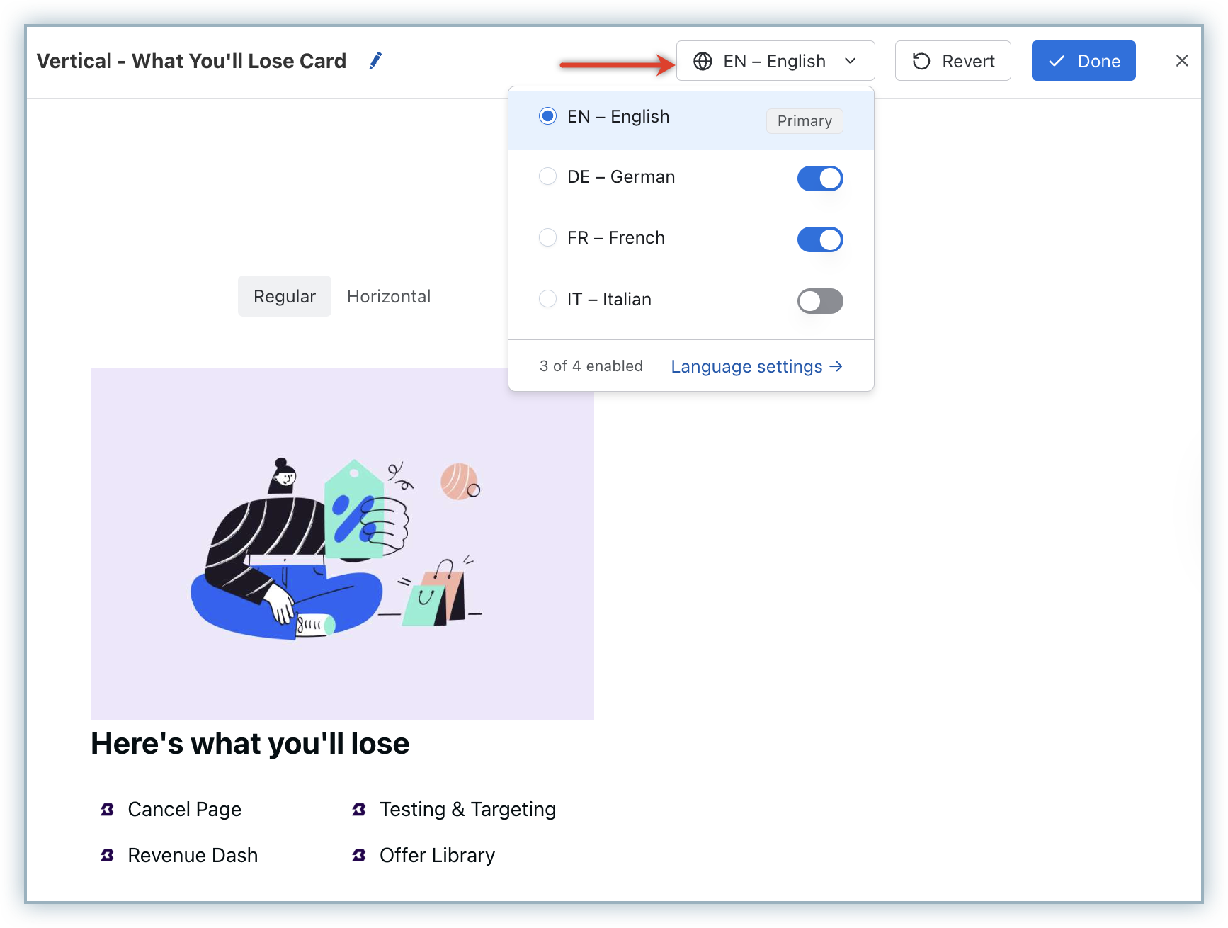 Loss aversion card translation in the Chargebee Growth cancel page editor