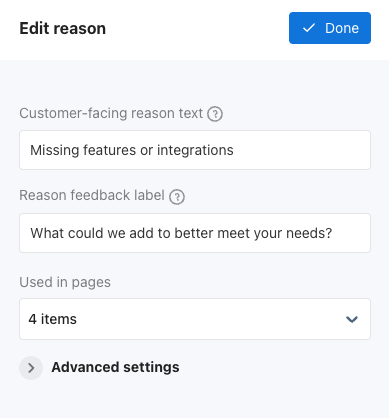 Edit reason panel showing the Reason feedback label field with a customer-facing prompt