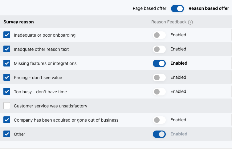 Survey reasons editor showing the Reason Feedback column with Enabled toggles for individual reasons