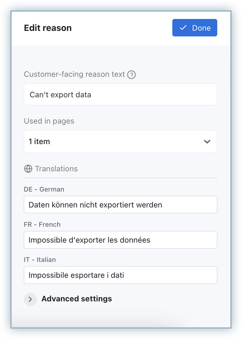 Survey reason translation controls in Chargebee Growth