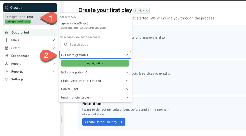 Current App menu in the left pane of Chargebee Growth, listing the current app and other apps you have access to
