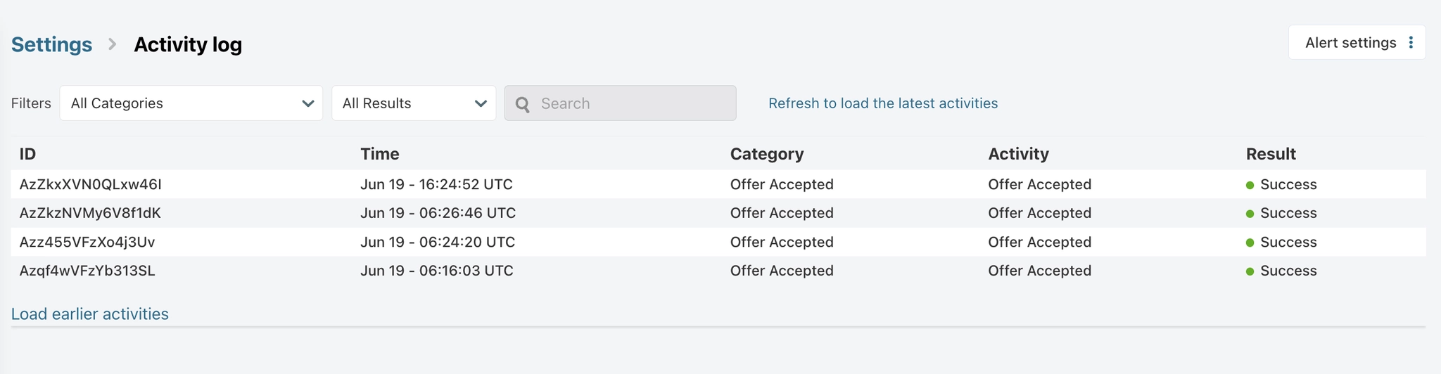 Activity log page under Settings in Chargebee Growth