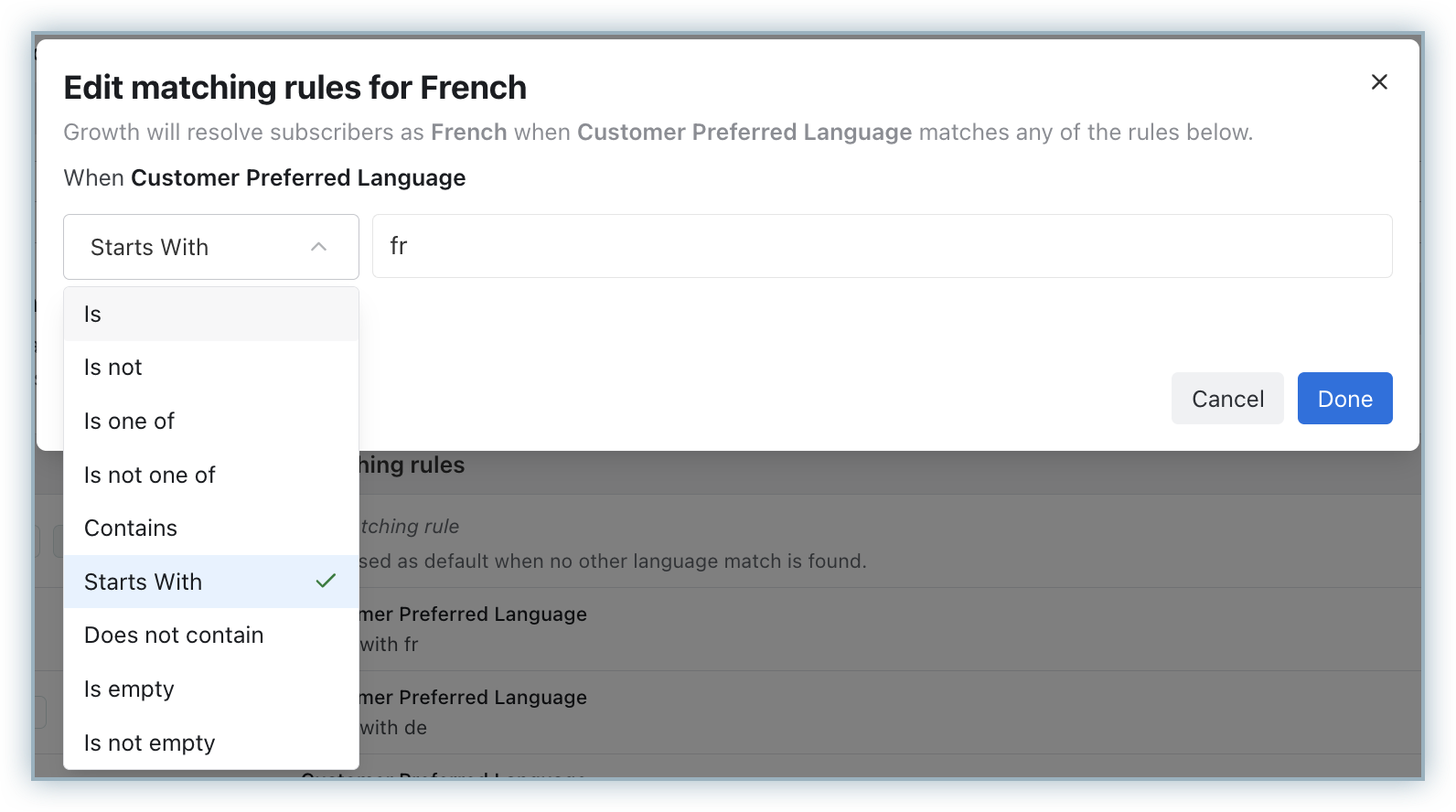 Language mapping editor in Chargebee Growth Settings showing operators and source values