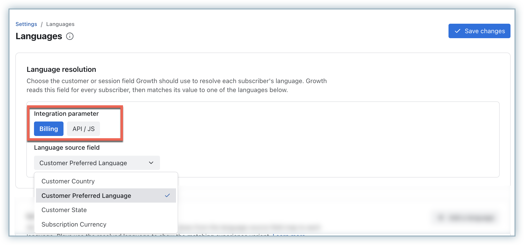 Language Resolution settings in Chargebee Growth showing Billing and API / Chargebee.js source options