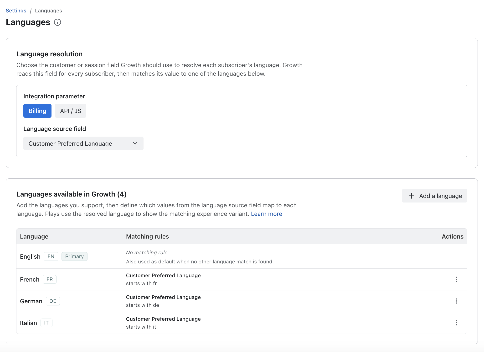 Languages page in Chargebee Growth Settings showing enabled languages and the Add language button