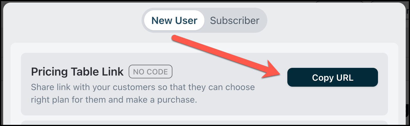 Screenshot of the pricing table link copy button
