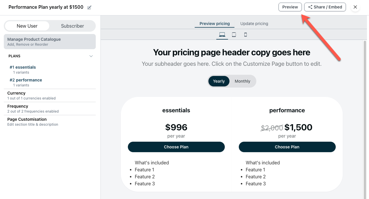 Screenshot of the pricing table preview button