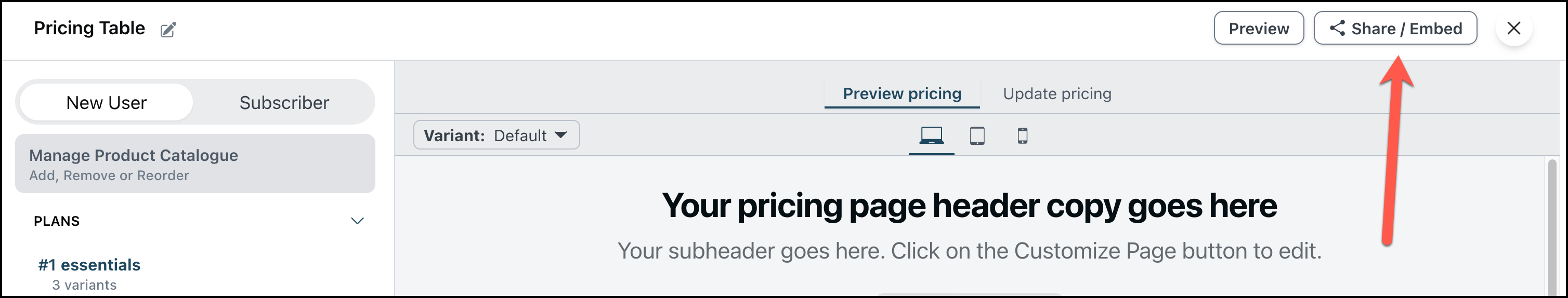 Screenshot of the pricing table share/embed button