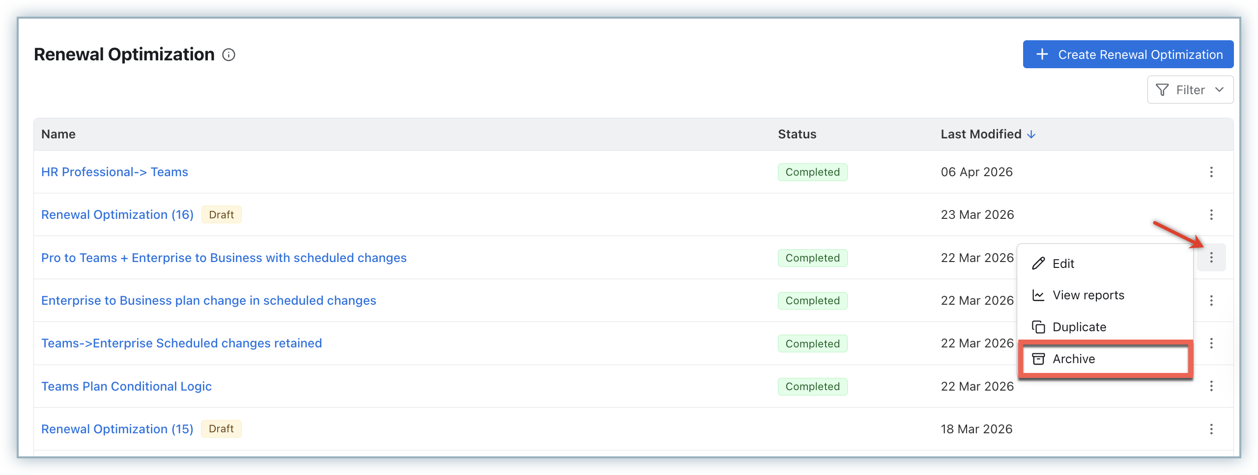 Ellipsis menu on a Renewal Optimization row with the Archive action