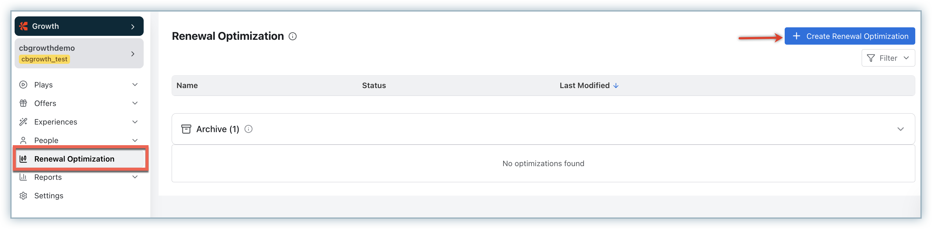 Create Renewal Optimization button on the Renewal Optimization home screen
