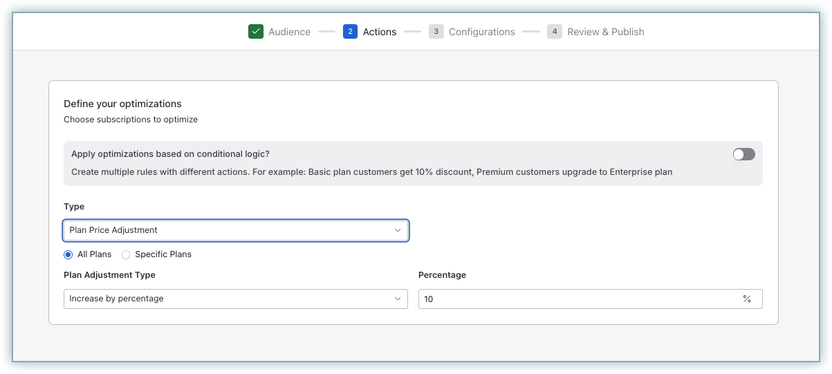 Plan Price Adjustment configuration with scope and adjustment type fields
