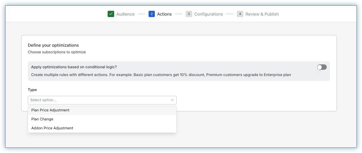 Actions step of the Renewal Optimization wizard showing the action type dropdown