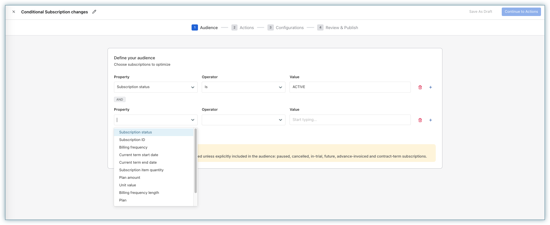 Audience step of the Renewal Optimization wizard with filter rules for targeting subscriptions