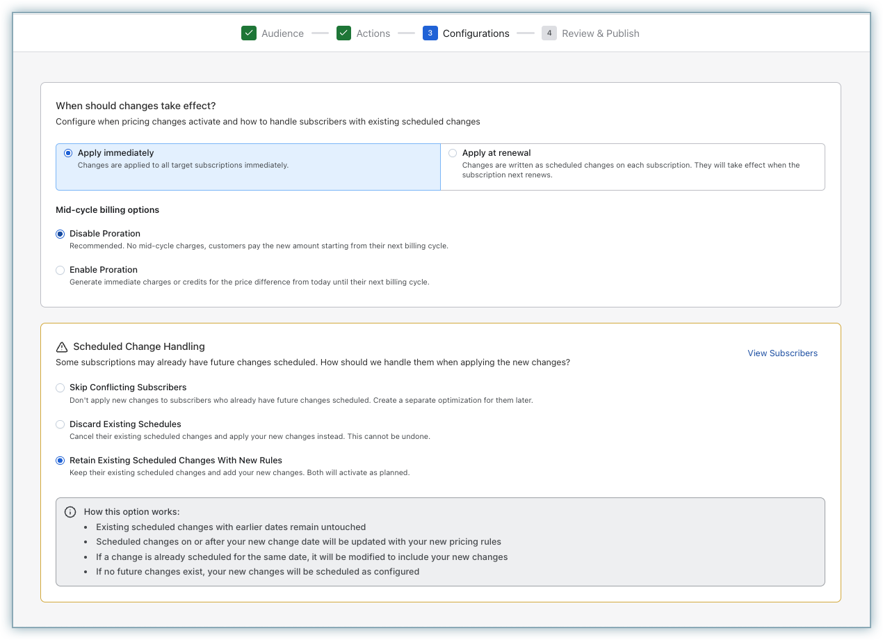 Configurations step of the Renewal Optimization wizard showing when changes take effect, proration, and scheduled change handling
