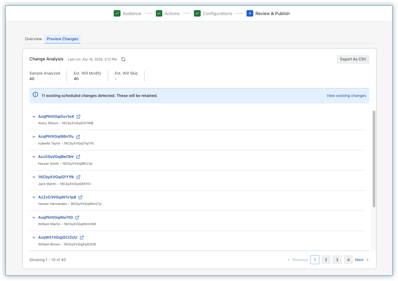 Preview Changes tab showing sample analyzed, estimated will modify, and estimated will skip metrics