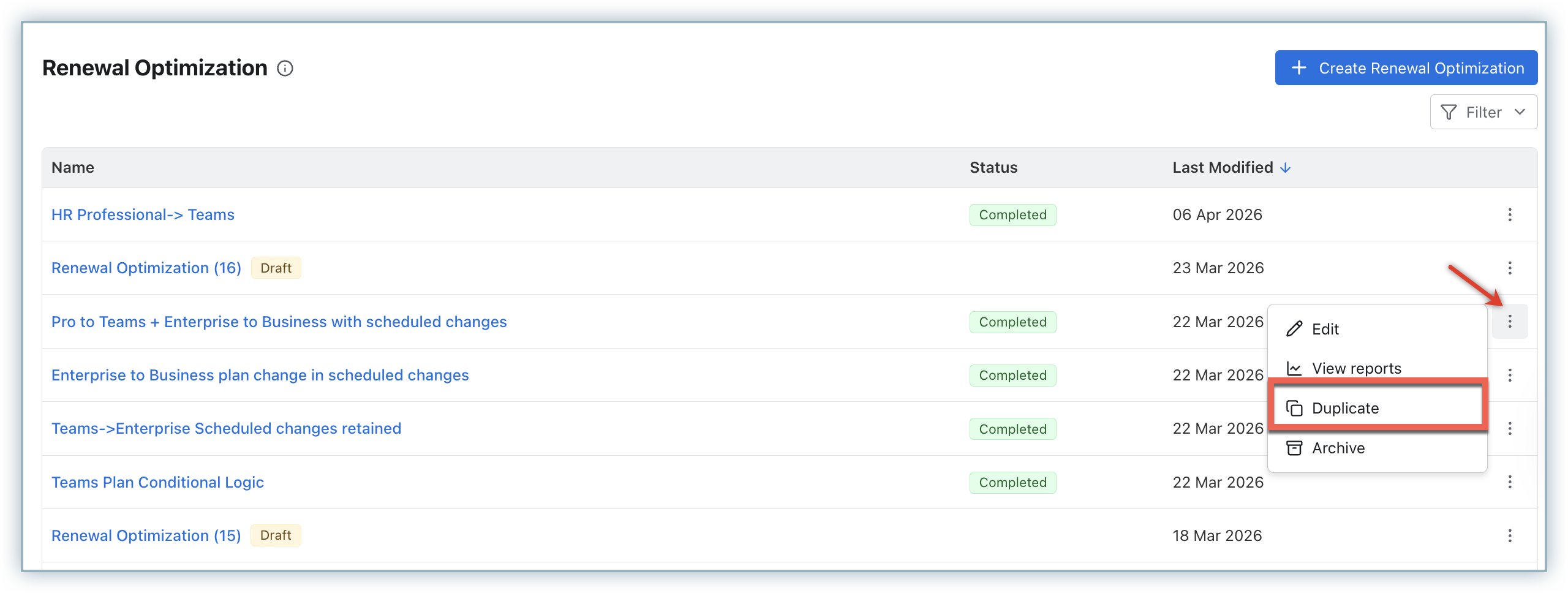 Ellipsis menu on a Renewal Optimization row with the Duplicate action