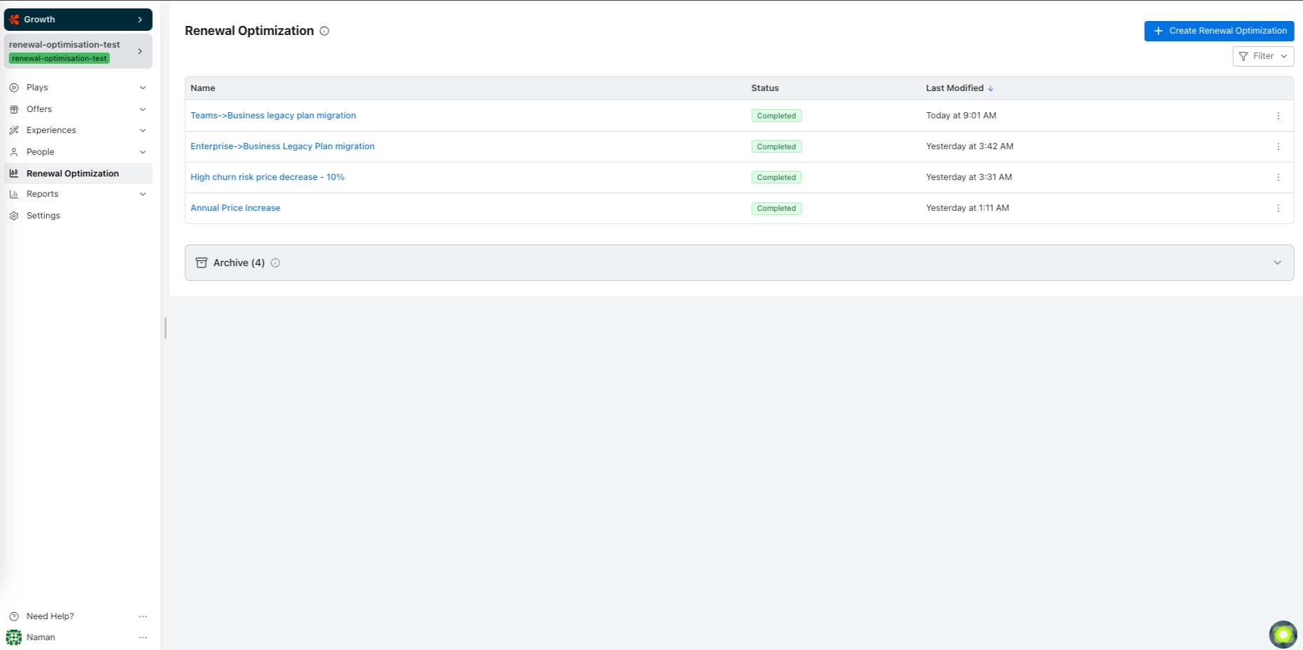 Renewal Optimization home screen in Chargebee Growth showing the optimization list, statuses, and Create Renewal Optimization button