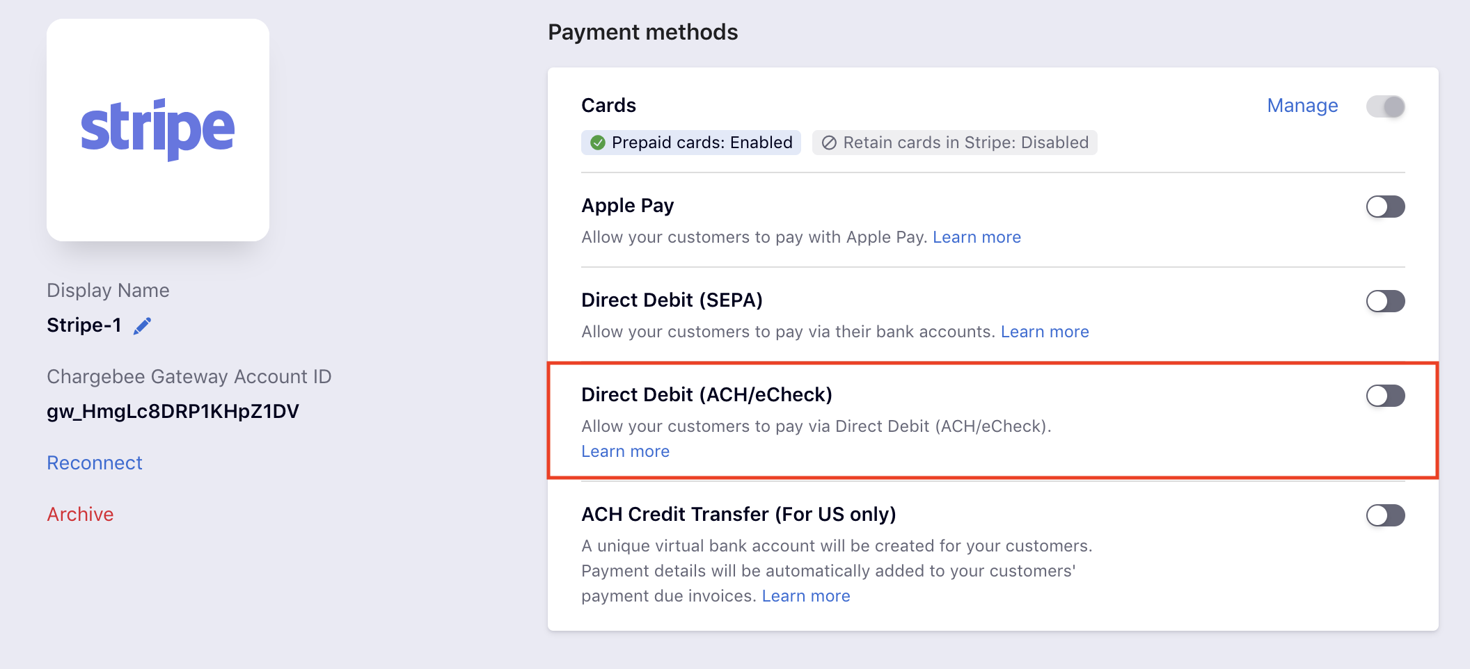Payment Methods Ach Payments Via Stripe Chargebee Docs