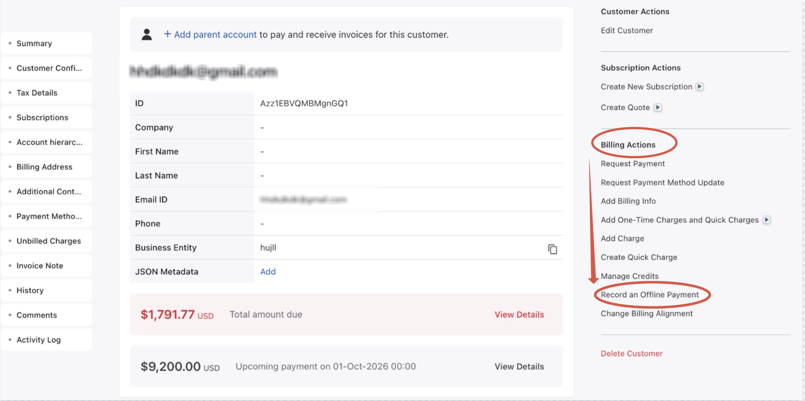 Record Payment in the Billing Actions panel on the customer page in Chargebee