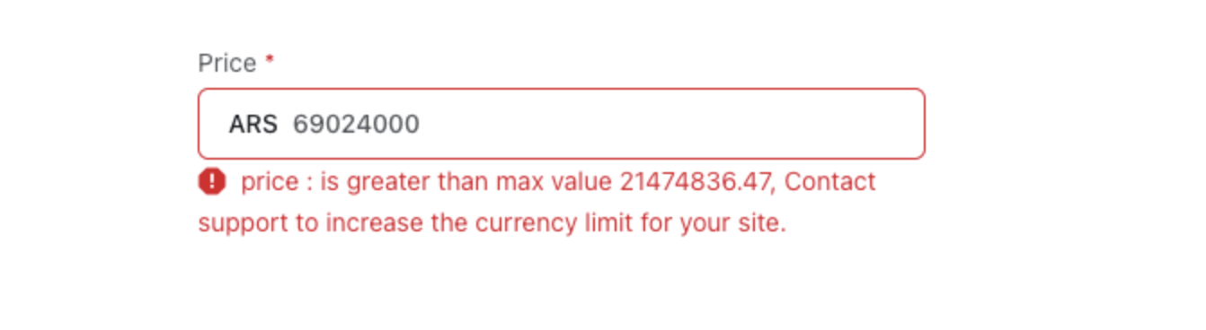 Price field showing the error that the price is greater than max value 21474836.47