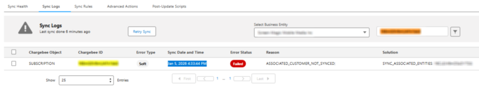 Sync Logs tab with a failed row whose Reason is ASSOCIATED_CUSTOMER_NOT_SYNCED